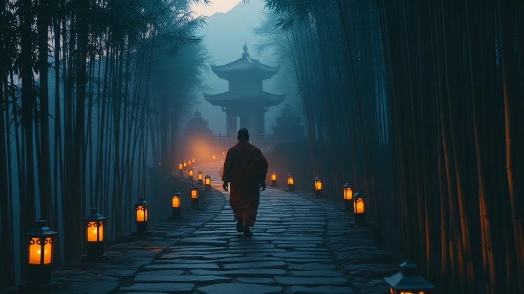 Monge Zhen caminhando pelo caminho iluminado
