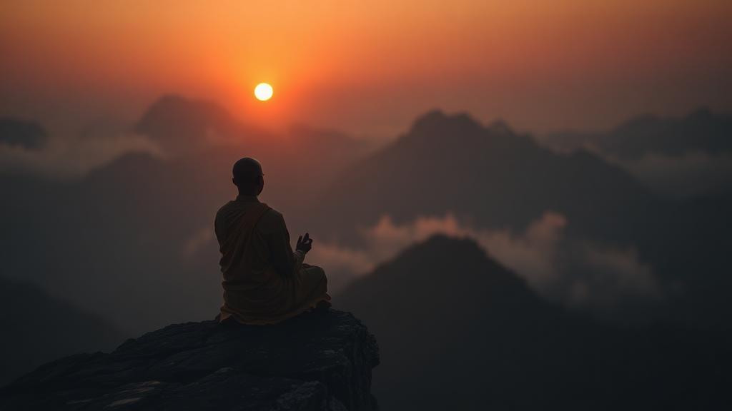 Monge meditando ao pôr do sol